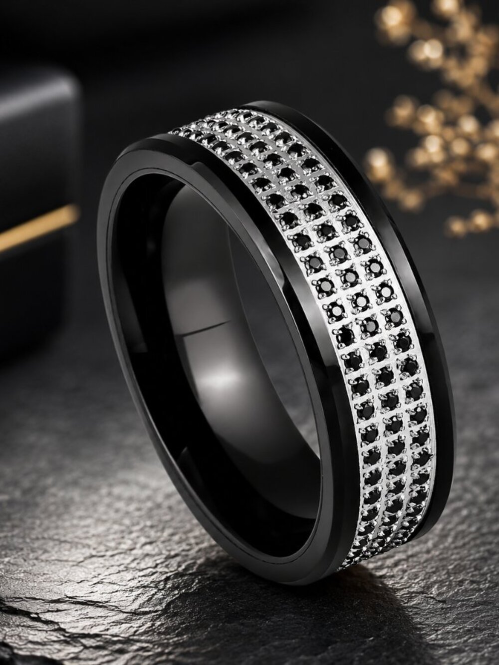 Men's Black & Silver Tungsten Band with Double Row Black CZ - GALTUN1083-11.5